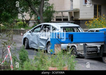 Veicoli vecchi e danneggiati sono circondati da piante sovrastate in un'area trascurata. Foto Stock