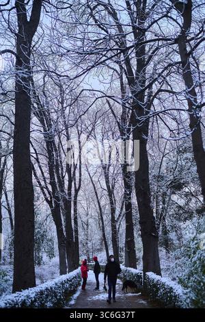 7 gennaio 2021, Madrid, Madrid, Spagna: Si vedono persone al Parco del Retiro innevato dopo che la tempesta Filomena ha portato neve intensa il 7 gennaio 2021 a Madrid, Spagna. Madrid e una parte della Spagna erano coperte di neve oggi, poiché il tempo inclemente poteva influenzare fino a metà del paese entro i giorni successivi. (Immagine di credito: © Jack Abuin/ZUMA Wire) Foto Stock