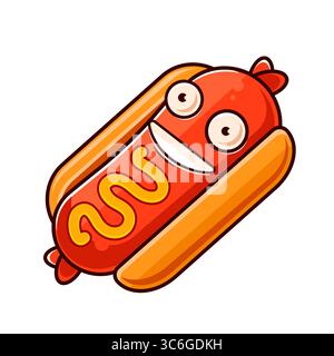 Illustrazione di un hot dog con senape e ketchup in stile retrò. Illustrazione vettoriale Illustrazione Vettoriale
