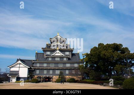 Il castello di Okayama fu distrutto in un raid aereo del 1945, e replicato in cemento del 1966 fino ad ora Foto Stock