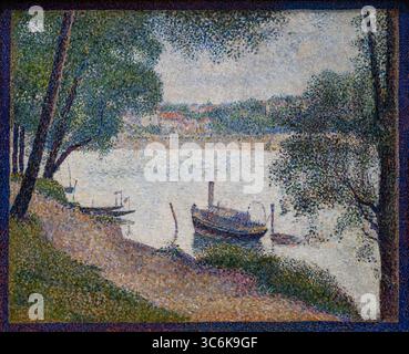 Dipinto chiamato Gray Weather, grande Jatte di Georges Seurat al museo d'arte New York MET Foto Stock
