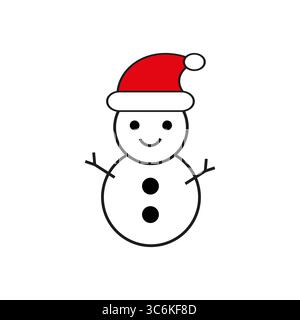 Icona di pupazzo di neve sorridente. Carattere delle vacanze invernali. Il vettore della figura di Natale. Illustrazione con tappo rosso. Illustrazione Vettoriale
