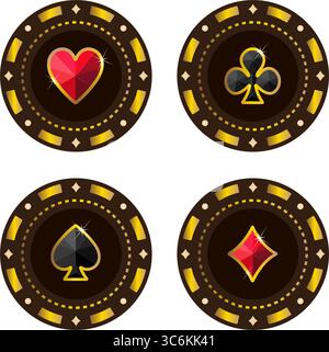 Gettoni da poker rotondi neri e dorati con carte poligonali, set vettoriale retrò premium, lussuosa collezione lucida di articoli da casinò per il gioco d'azzardo Illustrazione Vettoriale