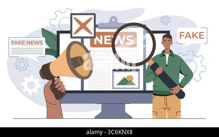 Rilevamento di notizie false e concetto di consapevolezza. Illustrazione vettoriale Illustrazione Vettoriale