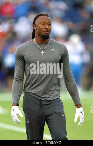 Canton, Stati Uniti. 31 luglio 2025. I Los Angeles Chargers Quentin Johnston (1) ricevono i passaggi prima della gara di pre-stagione dei Chargers contro i Detroit Lions a Canton, Ohio, giovedì 31 luglio 2025. Foto di Aaron Josefczyk/UPI credito: UPI/Alamy Live News Foto Stock