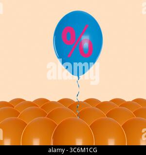 Palloncino blu con segno di percentuale sopra quelli arancioni su sfondo beige. Offerta speciale Foto Stock
