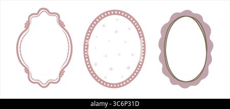 Immagine vettoriale di un set di frame ovali verticali. Elementi minimali rosa e viola con linea a nastro e ornamenti a pois. Ottimo per l'eleganza Illustrazione Vettoriale