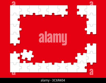 Cornice puzzle per seghetto alternativo bianco con spazio di testo. Seghetto alternativo pezzi di puzzle sulla strada per il completamento isolati su Uno sfondo rosso brillante. Illustrazione vettoriale. Illustrazione Vettoriale