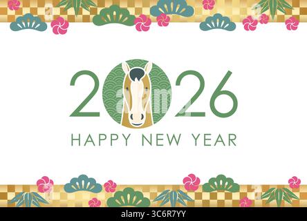 2026, l'anno del cavallo, modello di biglietto d'auguri decorato con motivi vintage giapponesi. Illustrazione Vettoriale