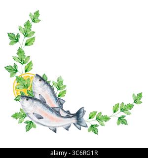 Cornice di pesce all'angolo con prezzemolo, salmone e limone su sfondo bianco. Spazio centrale a sinistra per il testo. Composizione di pesce fresco ed erbe aromatiche per la culina Foto Stock