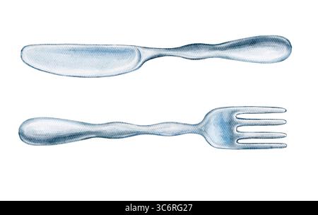 Posate blu acquerello con coltello minimalista e forchetta in argento morbido e curvo su sfondo bianco. Ideale per menu, confezionamento di stoviglie, ristorante Foto Stock