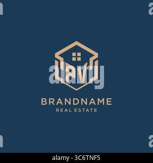 Logo iniziale della forma esagonale del tetto della casa FV disegno vettoriale Illustrazione Vettoriale