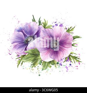 Anemone fiori viola bouquet su acquerello spruzza lo sfondo macchiato. Fiori di vento lilla rosa e gemme verdi illustrazione isolata per il matrimonio Foto Stock