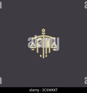 Logo FM iniziale per studio legale e avvocato con scala creativa e grafica vettoriale grafica grafica con icone a forma di spada Illustrazione Vettoriale