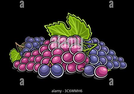 Logo vettoriale per uva, poster decorativo orizzontale con illustrazione del contorno di una composizione diversa del grappolo d'uva matura, stampa fruttata con disegno a fumetto Illustrazione Vettoriale