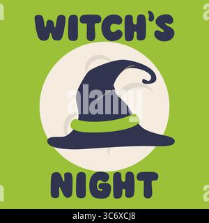 Illustrazione vettoriale di Halloween con cappello da strega e luna piena su sfondo verde. Design spettrale dei cartoni animati, perfetto per biglietti d'auguri e inviti alle feste Illustrazione Vettoriale
