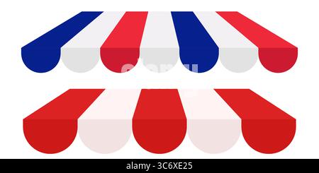 Set tettuccio parasole Vector. Tenda a righe rosse bianche e blu per negozi o mercati. Tetto tenda all'aperto per ristorante o chiosco. Circus Parasol isolato ON Illustrazione Vettoriale