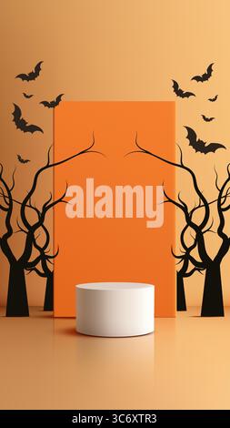 Scena espositiva di prodotti a tema Halloween con un podio cilindro bianco incorniciato da spaventose sagome di alberi e pipistrelli su uno sfondo arancione brillante, ide Illustrazione Vettoriale