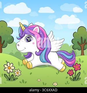Carino Сartoon unicorno su un prato con fiori e alberi. Adorabile personaggio animato in stile cartoni animati su un prato verde soleggiato con fiori e alberi. Illustrazione Vettoriale