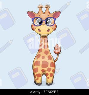 Carina Giraffa di cartoni animati con occhiali. Illustrazione vettoriale di un animale su sfondo blu con libri e matite. Illustrazione Vettoriale