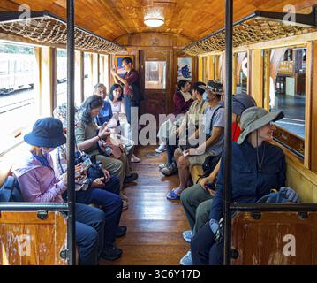 Turisti in carrozza storica, ferrovia turistica Alishan Forest Railway, Alishan National Forest Recreation area, Taiwan Foto Stock