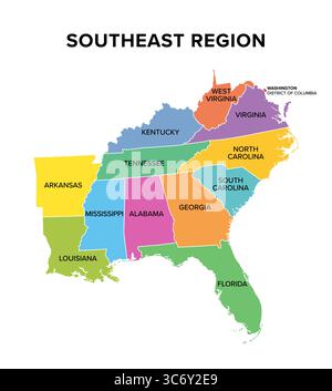 Regione sud-orientale degli Stati Uniti, mappa a colori. Anche Sud-est degli Stati Uniti, Sud-est americano, o semplicemente Sud-est, una regione geografica. Foto Stock