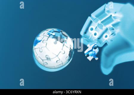 Robot con globo che rappresenta la Terra poggia su una superficie puzzle, simboleggiando la connessione globale e la risoluzione dei problemi. Foto Stock