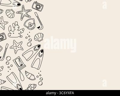 Per le vacanze estive, maschera da boccaglio e pinne senza cuciture sfondo con posto per il testo Illustrazione Vettoriale