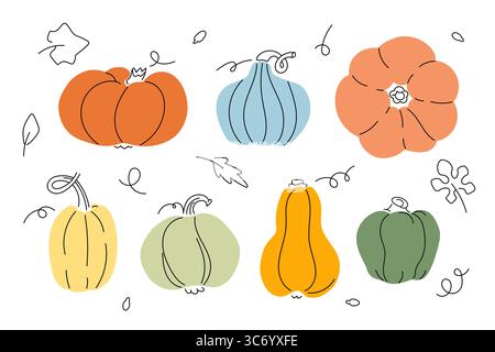 Zucche e foglie con elementi disegnati a mano. Set di illustrazioni vettoriali piatte autunnali in stile misto. Illustrazione Vettoriale