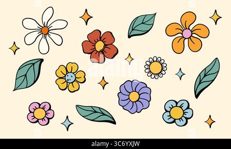 Set di fiori disegnati a mano, colori hippie anni '70, semplici elementi di design floreale vettoriali Illustrazione Vettoriale