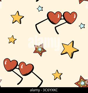 Fantasia senza cuciture con stelle e occhiali da sole a forma di cuore nella palette di colori hippie retrò anni '70 del 60 Illustrazione Vettoriale