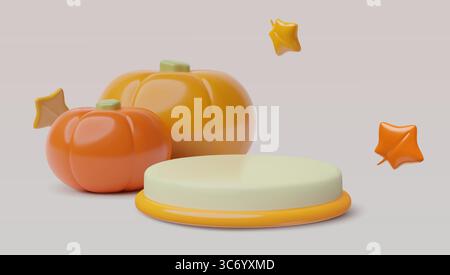 Scenario autunnale con podio vuoto realistico in 3d, zucche e foglie autunnali. Illustrazione vettoriale Illustrazione Vettoriale