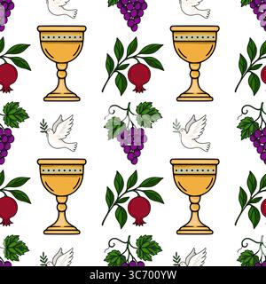 Modello vettoriale senza cuciture con calici dorati, uva, melograni e colombe, che simboleggiano le tradizioni Rosh Hashanah. Illustrazione Vettoriale