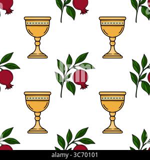 Motivo vettoriale senza cuciture caratterizzato da calici dorati e rami di melograno, un design unico ideale per le celebrazioni Rosh Hashanah o proje a tema ebraico Illustrazione Vettoriale