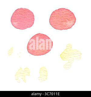 L'acquerello disegnato a mano si macchia dal rosa chiaro al rosa denso con spruzzi di giallo. . Bellissima macchia di acquerello. Perfetto per vitazioni, saluti Foto Stock