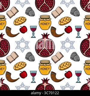 Schema vettoriale senza cuciture con simboli Rosh Hashanah disegnati a mano: Melograno, vaso di miele, shofar, Challah, mela, bicchiere di vino, testa di pesce, Star of David, A. Illustrazione Vettoriale