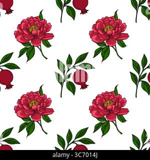 Motivo vettoriale senza cuciture di peonie e frutti di melograno in fiore, un vivace design floreale con ricche tonalità di rosso e verde, perfetto per le stampe tessili, Illustrazione Vettoriale