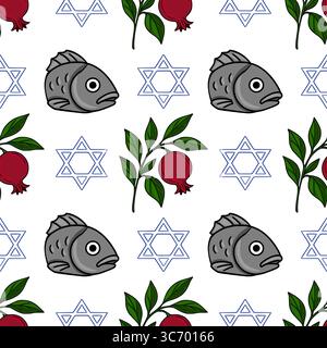 Motivo vettoriale senza cuciture con testa di pesce stilizzata, melograni e simboli Star of David, perfetto per i disegni di Rosh Hashanah o per le festività ebraiche. Illustrazione Vettoriale