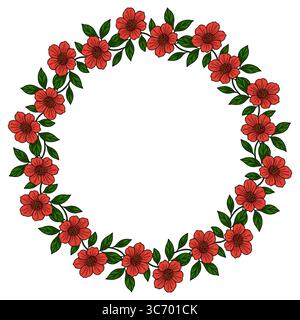 Elegante design vettoriale a forma di corona floreale con disposizione circolare di vivaci fiori rossi di melograno e lussureggianti foglie verdi, perfetto per gli invitati Illustrazione Vettoriale