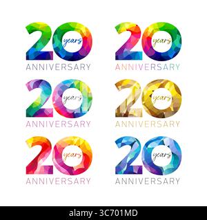 icone vecchie di 20 anni. Set di simboli colorati creativi. Elementi del biglietto d'auguri. Vetro colorato testurizzato 2 e 0. Design natalizio. Concetto pubblicitario Illustrazione Vettoriale