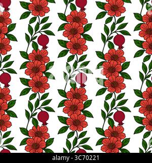 Motivo vettoriale senza cuciture di fiori e frutti di melograno stilizzati nei colori rosso e verde, per creare un design floreale vivace ed elegante, perfetto per t Illustrazione Vettoriale