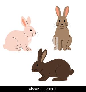 Illustrazione piatta di tre conigli in diversi colori e pose. Semplice stile cartoni animati con linee pulite, ideale per libri per bambini e temi primaverili Illustrazione Vettoriale
