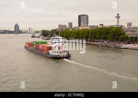 Vista di Rotterdam con l'Euromast e il fiume Nieuwe Maas vista dal ponte Erasmusbrug, Paesi Bassi Foto Stock