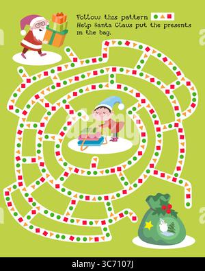 Babbo Natale e gli elfi si stanno preparando per Natale. Labirinto di puzzle per bambini. Scena di gioco per bambini per il design. Illustrazione vettoriale. Illustrazione Vettoriale