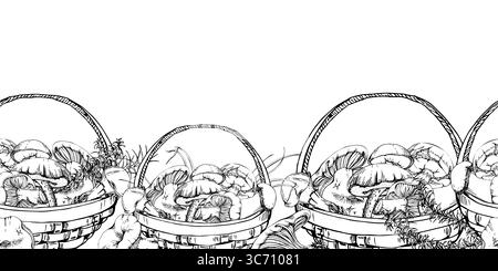 Cesti pieni di funghi raccolti, raccolta autunnale di bolete russula webcap funghi cappuccino con gambi di piante di covi, lame di erba. Senza interruzioni Illustrazione Vettoriale