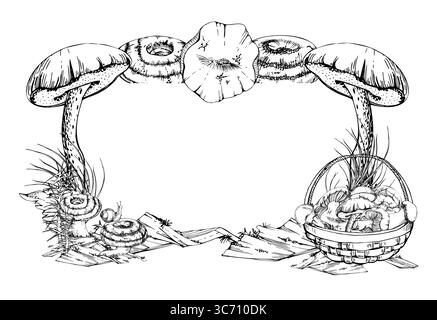 Cestino di funghi raccolti sulla corteccia con muschio di lichene, gambi di coda di cavallo. Copia la cornice spaziale disegnata a mano con inchiostro vettoriale. Funghi bolete russula tappo latte Illustrazione Vettoriale