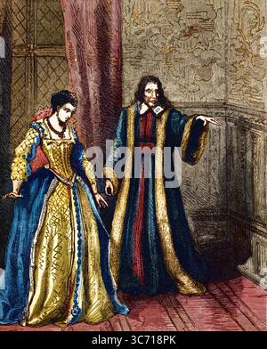 Caterina de Medici e Nostradamus, 1503-1566 - Ritratto di Nostradamus, Michel de Notre Dame (1503-1566) astrologo et medecin francais avec Catherine de Medicis (1519 - 1589) Foto Stock