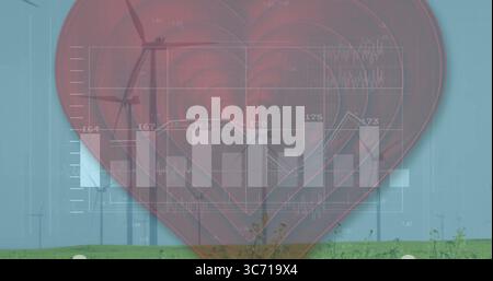 Visualizzazione del cuore traslucido su un campo erboso con turbine eoliche che mostrano il grafico a barre e il grafico a linee Foto Stock