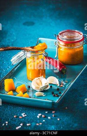 Chuntney di mango fatti in casa e ingredienti su sfondo blu, verticale Foto Stock
