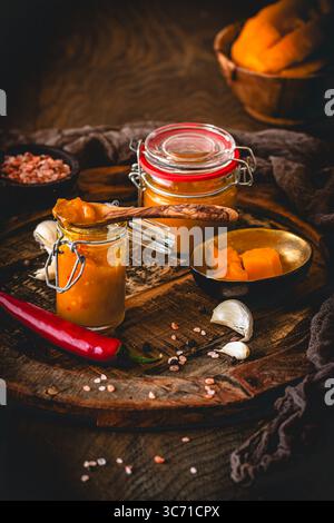 Chuntney di mango fatti in casa e ingredienti su sfondo di legno scuro Foto Stock